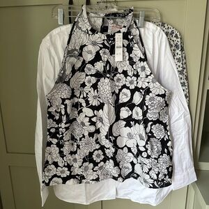 NWT J. Crew Linen Halter Style Black and White Floral Women's Top SZ L